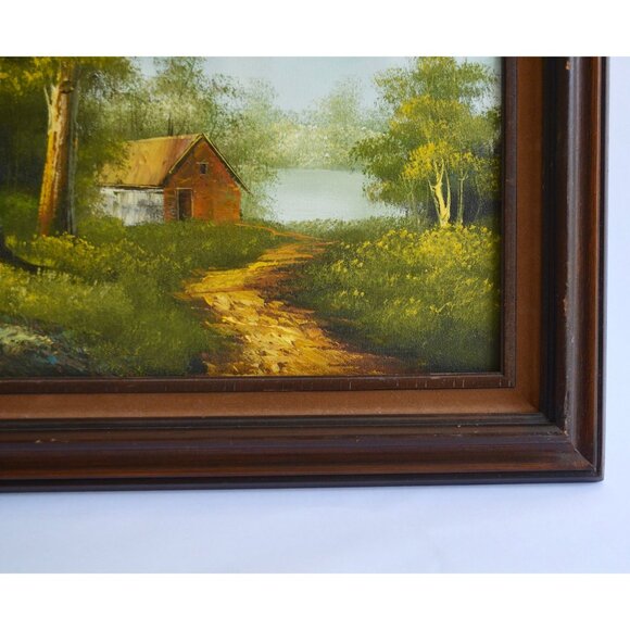 Vintage Handpainted Rustic Woodsy Cabin House Road Trail Lake Oil Painting Signe - Picture 5 of 8